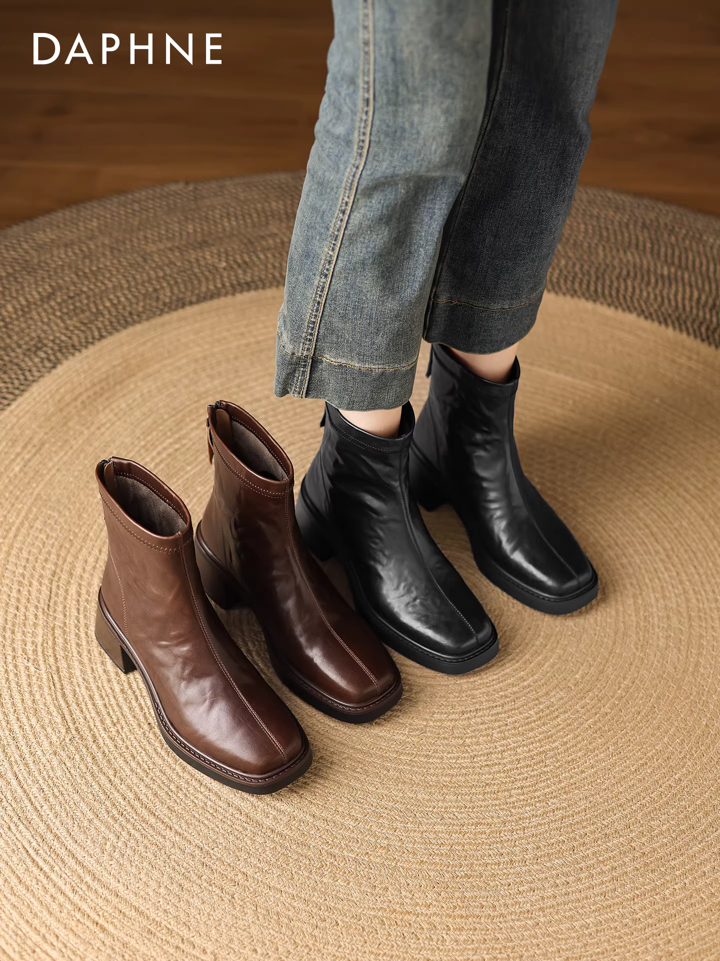 Giày bốt Daphne Brown Martin nữ 2025 mới mùa thu đông Giày da cao gót Chelsea Giày bốt ngắn Giày bốt gót nhọn Giày bốt mỏng