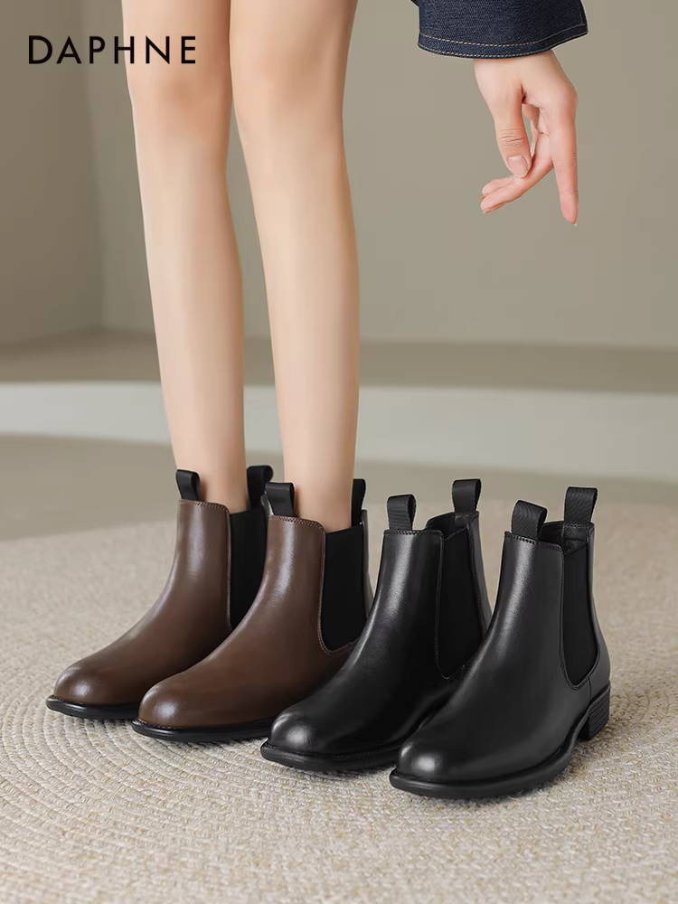 Giày bốt ngắn Daphne dành cho nữ kiểu mới 2025, lót lông cừu, da thật, mùa đông, giày bệt, kiểu Chelsea, kiểu Martin