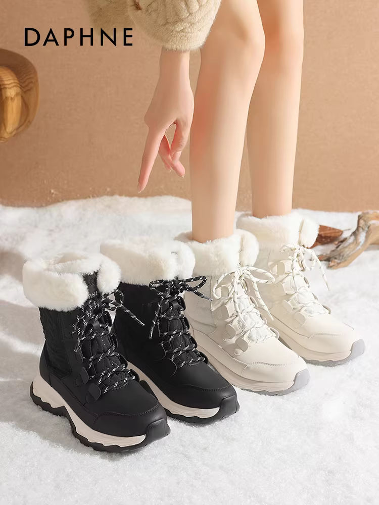 Giày đi tuyết ngoài trời Daphne dành cho nữ 2025, mẫu mới mùa đông, chống lạnh, đế dày, giày đi bộ đường dài màu trắng, chống trơn trượt, chất liệu cotton Đông Bắc