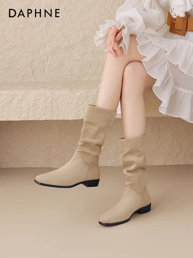 Giày bốt Daphne dáng xuông dành cho nữ, mẫu mới xuân thu 2025, kiểu dáng ôm sát, bốt cao đến giữa bắp chân, bốt cao bồi ngắn kiểu Melard dành cho nữ.