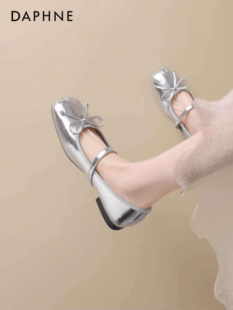 Giày bệt nữ Daphne bạc mùa thu 2025 kiểu Pháp mới, giày bệt da nhỏ, giày Mary Jane, giày ba lê