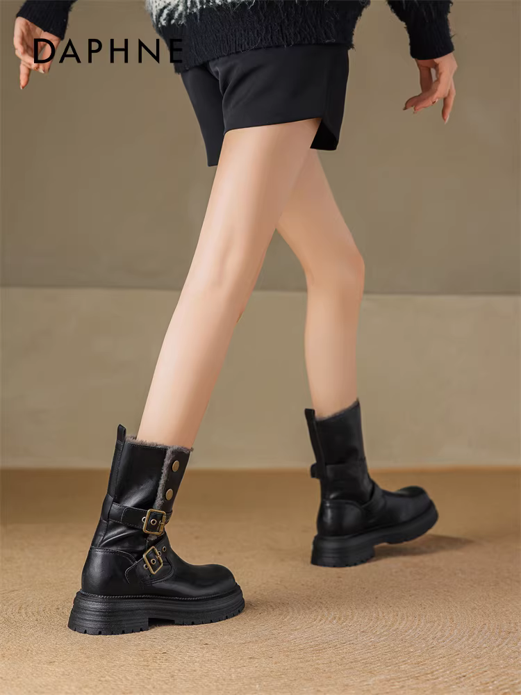 Giày bốt ngắn màu nâu Daphne dành cho nữ, mẫu mới mùa đông 2025, lót lông cừu, kiểu dáng Melard, ôm sát, cao đến giữa bắp chân, kiểu Martin.