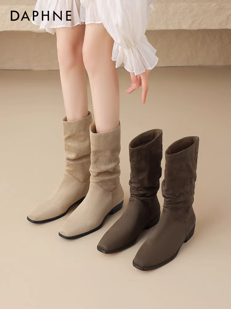 Giày bốt Daphne dáng xuông dành cho nữ, mẫu mới xuân thu 2025, kiểu dáng ôm sát, bốt cao đến giữa bắp chân, bốt cao bồi ngắn kiểu Melard dành cho nữ.