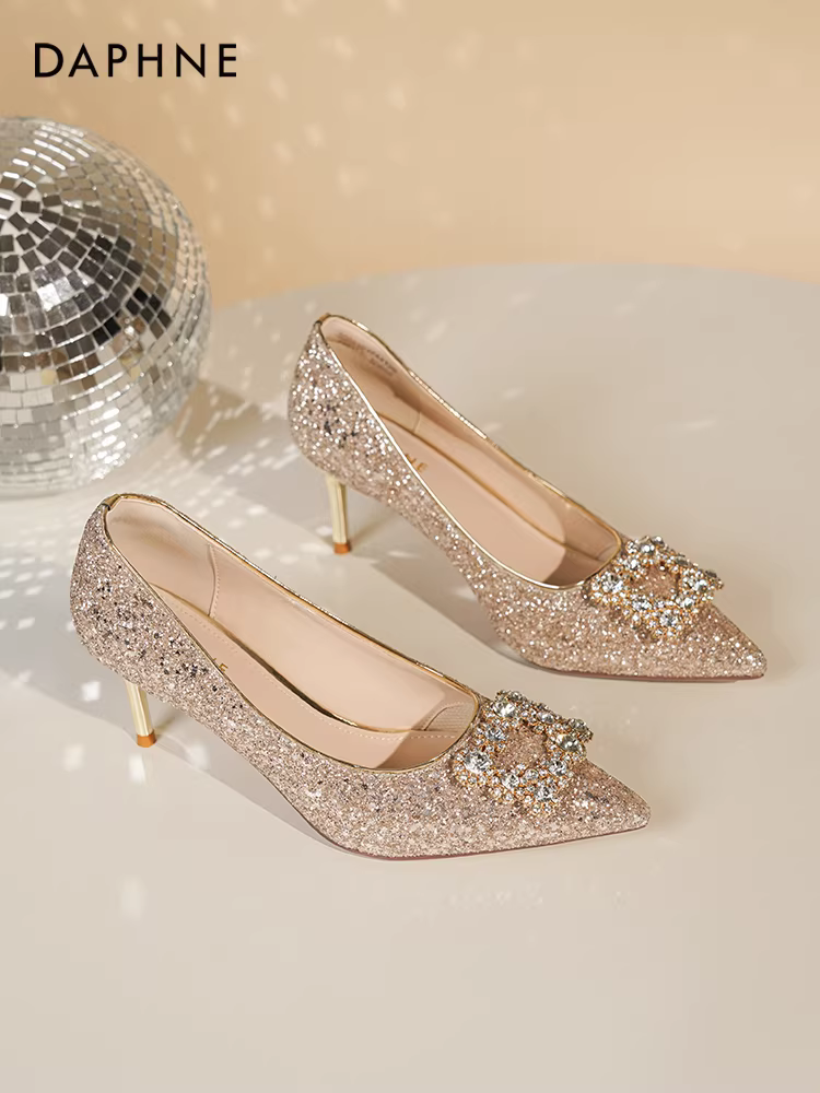 Giày cưới cao gót Daphne dành cho nữ 2025, mẫu mới phổ biến mùa thu, giày cô dâu hai kiểu phối, miệng giày nông, giày cao gót đơn giản dành cho nữ