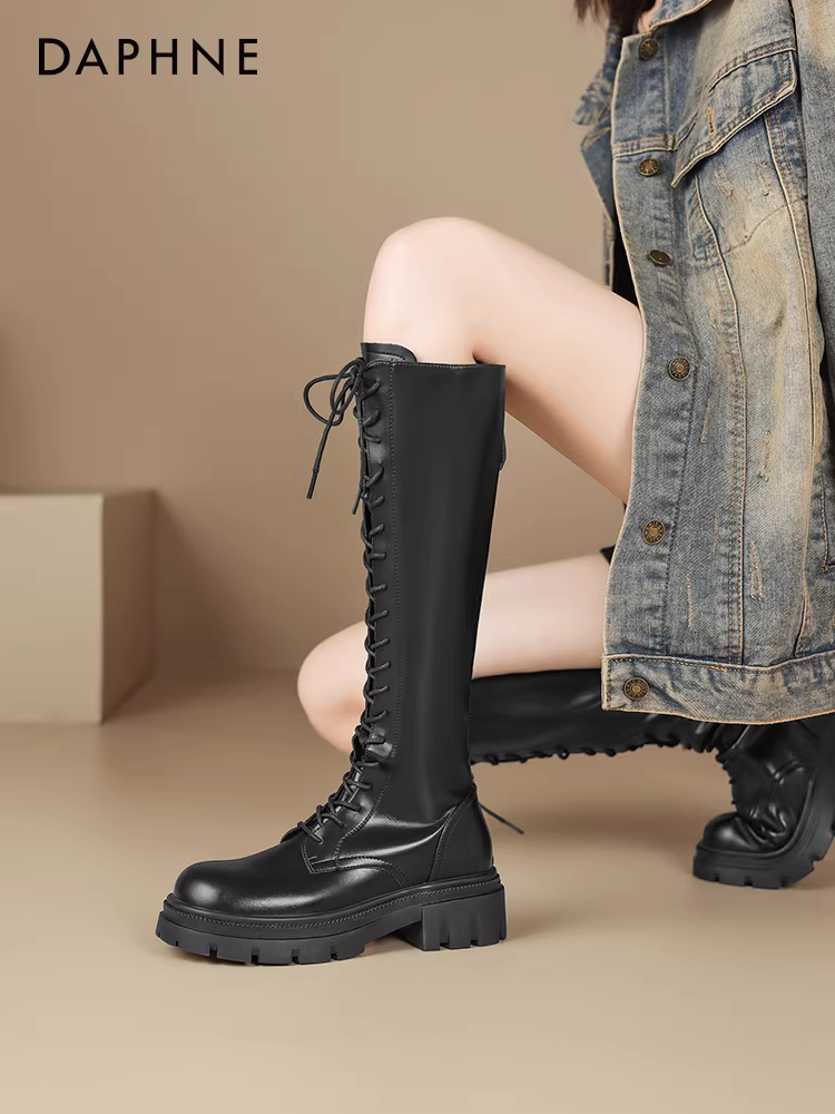 Giày bốt cao cổ Daphne màu nâu, kiểu Anh, đế dày, mẫu mới 2025, giày bốt Martin nữ, giày bốt cưỡi ngựa cao cổ