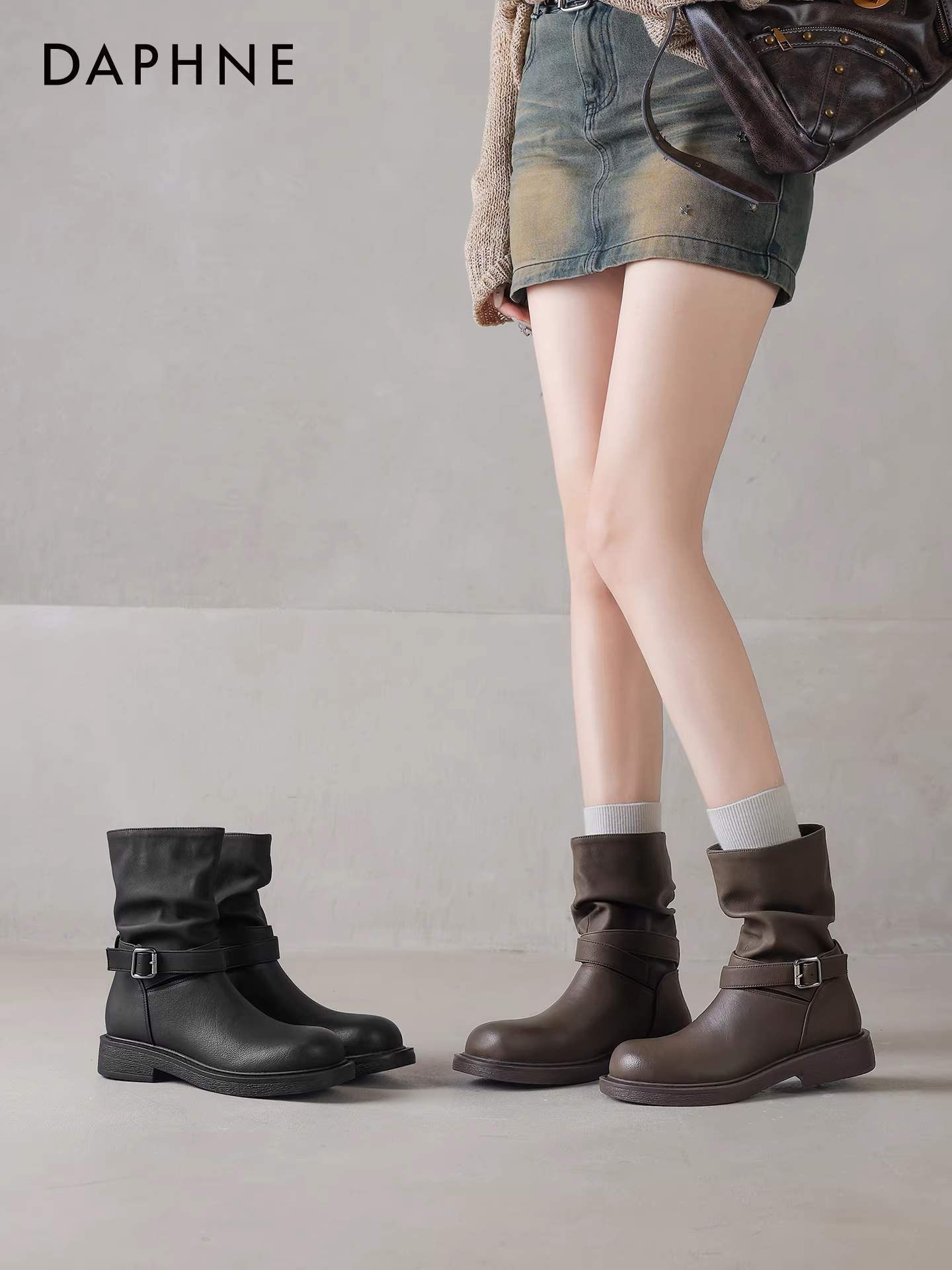 Giày bốt ngắn màu nâu Daphne dành cho nữ, mẫu mới mùa đông 2025, lót lông cừu, kiểu dáng Melard, đế bằng, ôm chân, kiểu Martin.