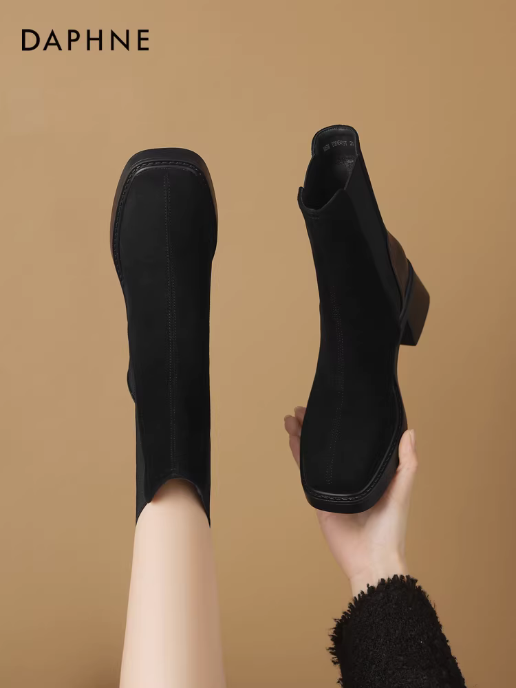 Giày bốt ngắn Daphne dành cho nữ 2025, kiểu dáng mới mùa đông, ôm chân, kiểu Chelsea, cao gót, gót thô, lót lông, kiểu Martin