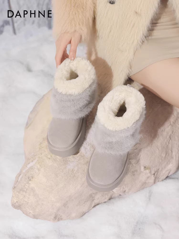 Giày bốt tuyết Daphne dành cho nữ, lót lông cừu mùa đông và dày dặn, kiểu dáng mới năm 2025, giày lông đế dày, giày cotton màu xám, chống trơn trượt.