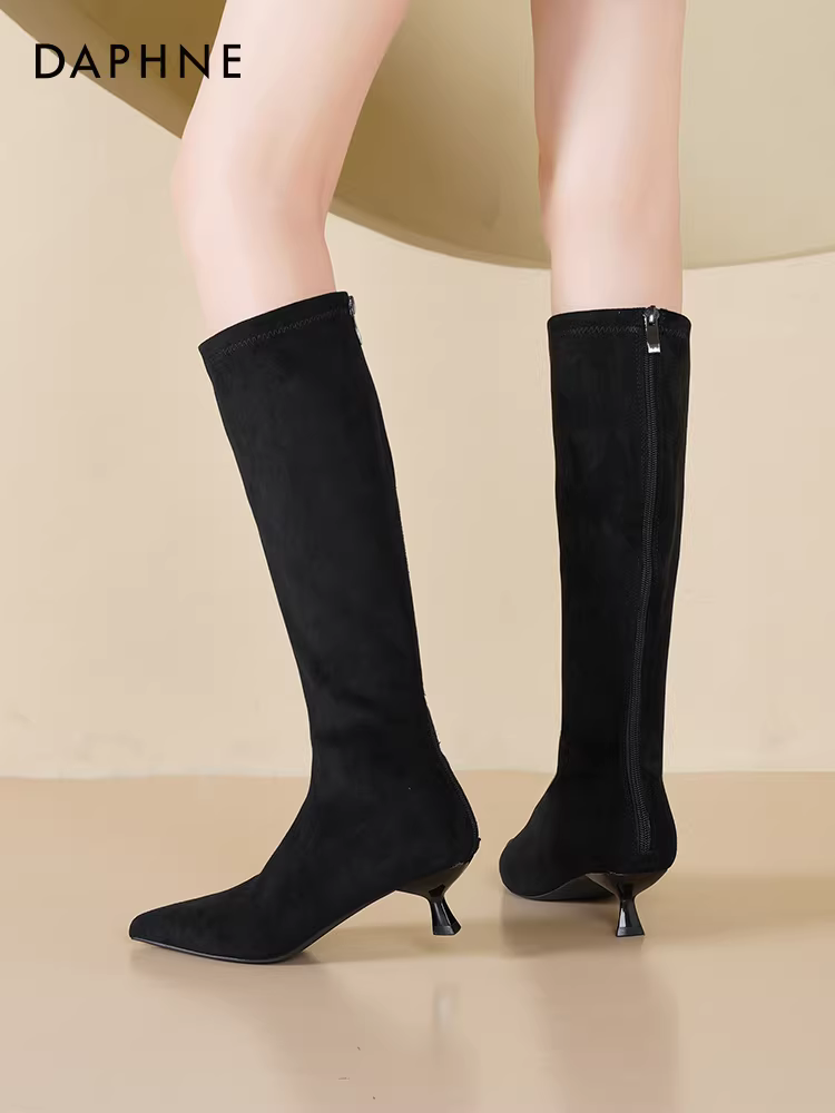 Giày bốt dài nữ Daphne 2025 mùa thu đông phổ biến giày cao cổ co giãn giày cao gót giày bốt thon gọn mũi nhọn dành cho nữ