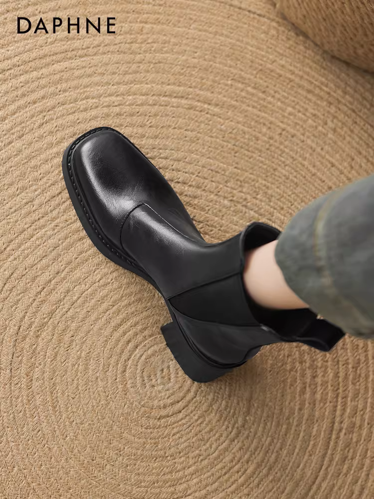 Giày bốt cổ ngắn đế xuồng mũi vuông Daphne Martin 2025 mới dành cho nữ, mùa thu đông, chất liệu da