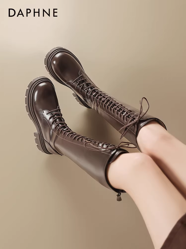 Giày bốt cao cổ Daphne màu nâu, kiểu Anh, đế dày, mẫu mới 2025, giày bốt Martin nữ, giày bốt cưỡi ngựa cao cổ