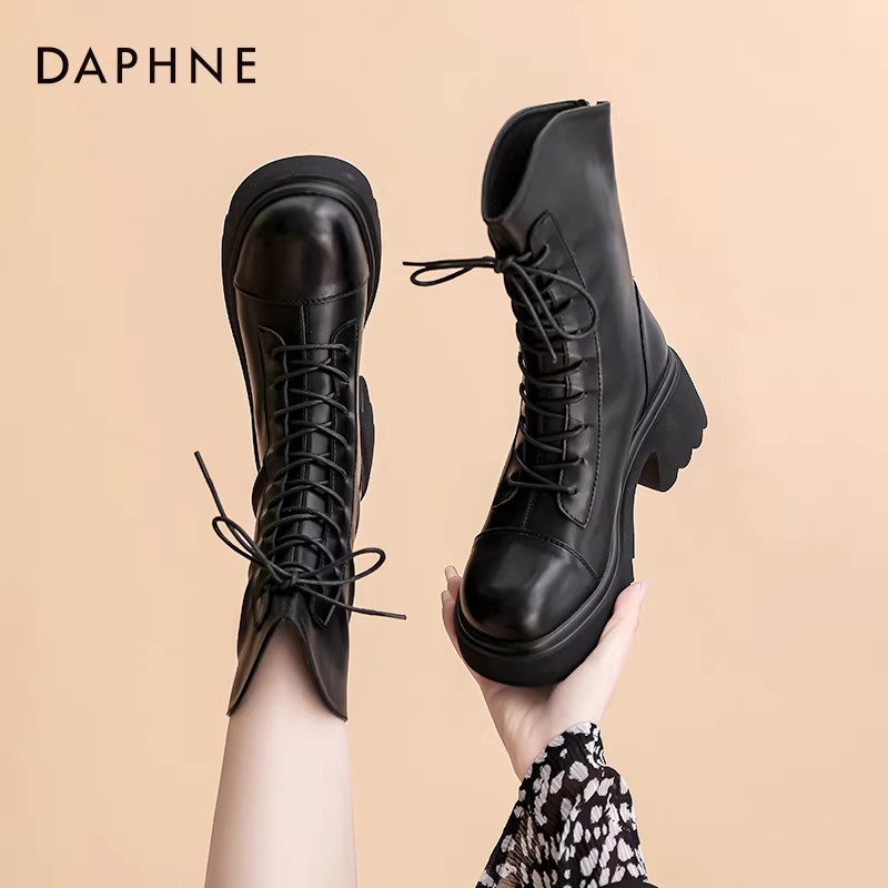 Giày bốt Daphne Martin nữ, mùa thu đông 2025, kiểu mới đế dày, phong cách Anh, bốt cao đến giữa bắp chân, bốt ngắn màu đen dành cho nữ