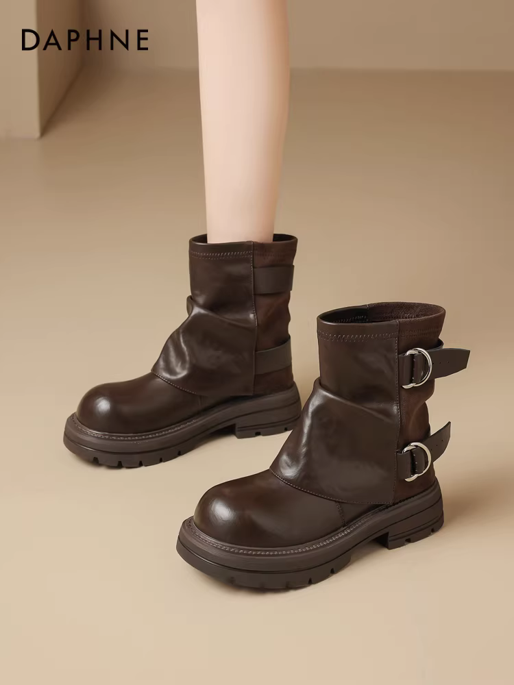 Giày bốt ngắn Daphne dành cho nữ kiểu mới 2025, kiểu Martin, kiểu Melard, mùa đông, đế dày, cổ cao, kiểu dáng boots đi xe máy