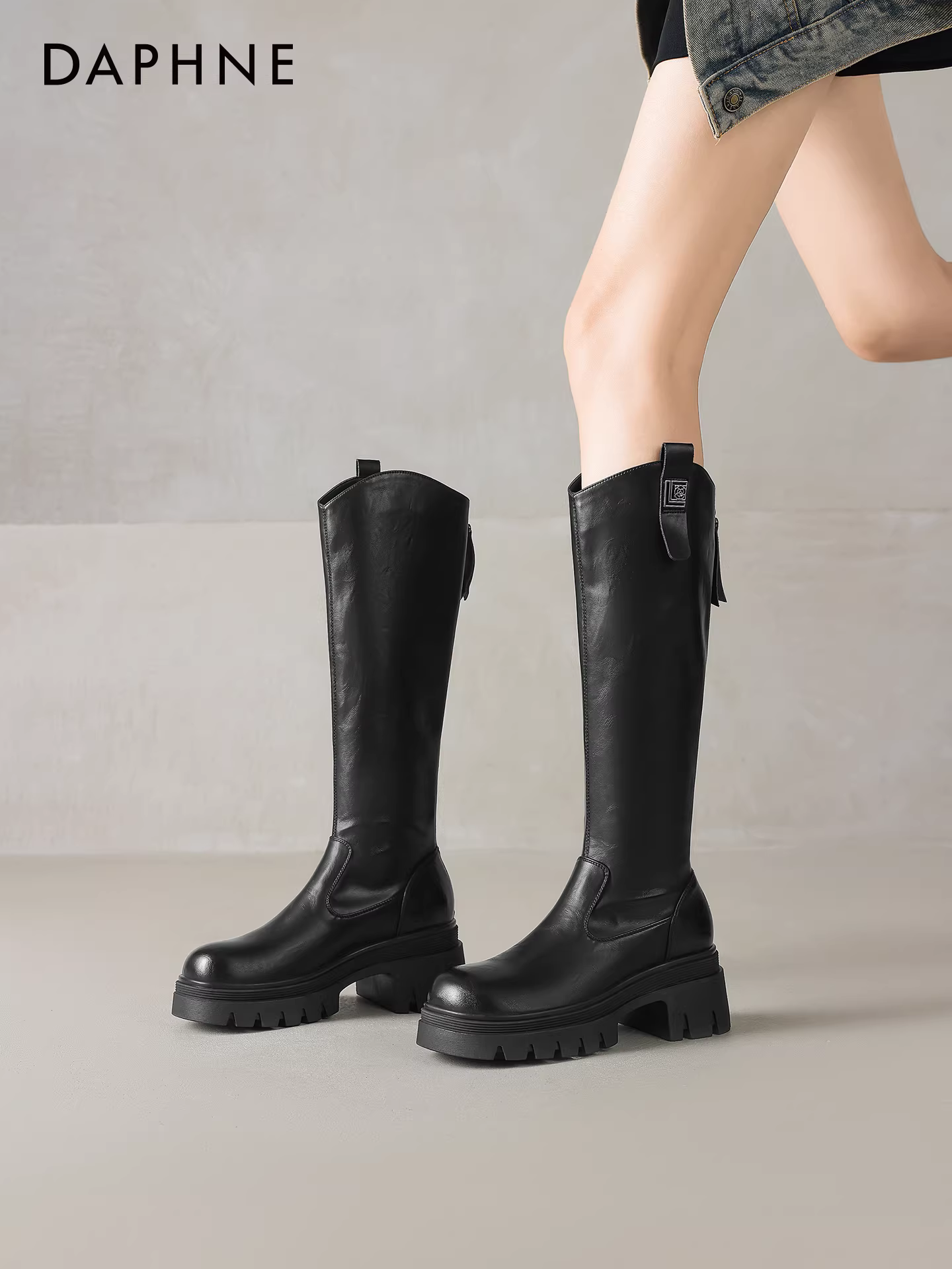Giày bốt cao cổ Daphne dành cho nữ, mùa thu đông 2025, kiểu cổ điển, màu đen, trên gối, kiểu Melard.