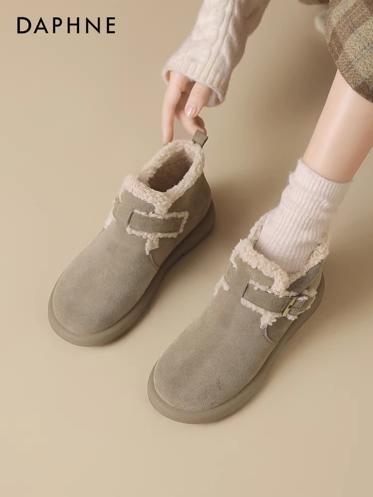 Giày bốt tuyết màu xám Daphne dành cho nữ mùa đông 2025, giày nữ mới đế dày kiểu Birkenstock, giày lót lông mùa thu đông, giày cotton cổ ngắn