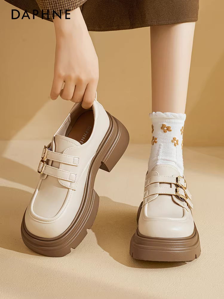 Giày lười đế dày Daphne dành cho nữ, phong cách cổ điển của Anh, giày đơn lấy cảm hứng từ Chanel, giày da thông thường tăng chiều cao, đa năng.