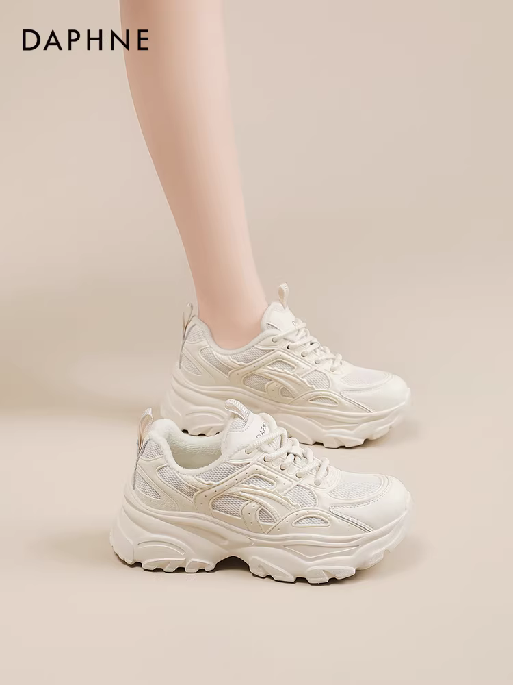 Giày thể thao đế dày lót lông cừu Daphne dành cho nữ, giày thể thao thường ngày mùa thu đông 2025 mới, giày thể thao màu trắng ấm áp dành cho nữ.