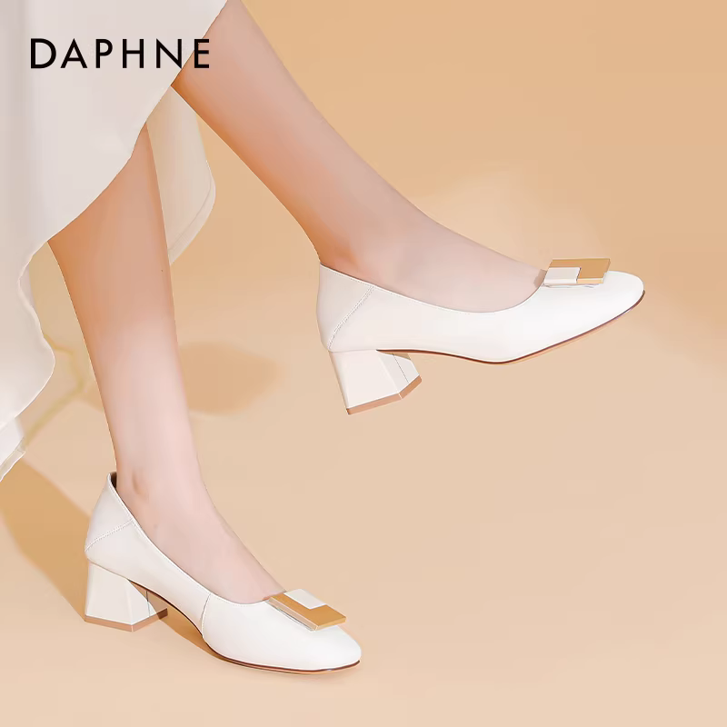 Giày cao gót nữ Daphne da thật mùa thu 2025, kiểu dáng thanh lịch, gót vuông, đế thấp, đi làm, dành cho nữ
