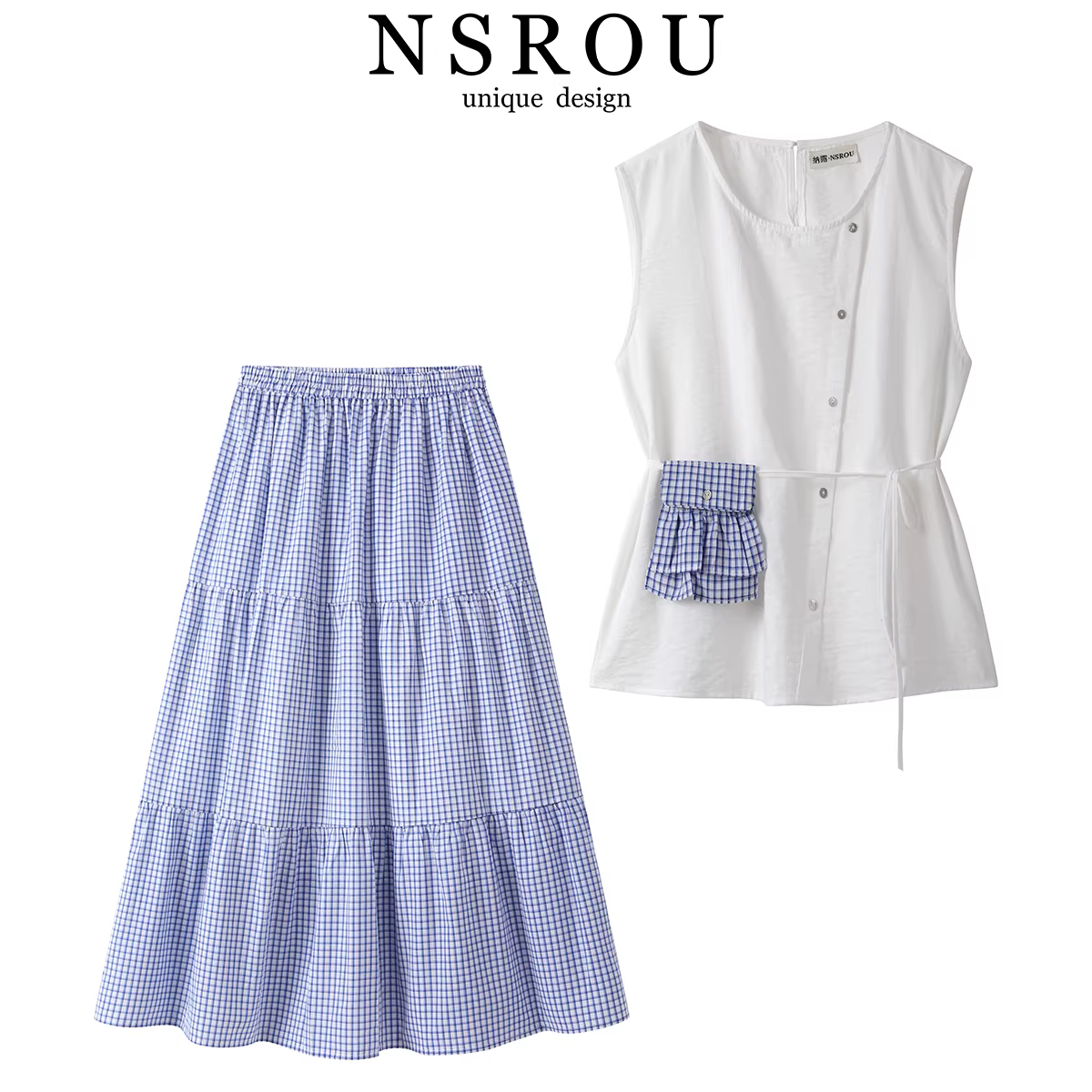 Bộ váy và áo không tay kiểu Hàn Quốc thanh lịch và sang trọng dành cho nữ, bộ hai mảnh váy dài xếp tầng hợp thời trang mùa hè và trẻ trung.