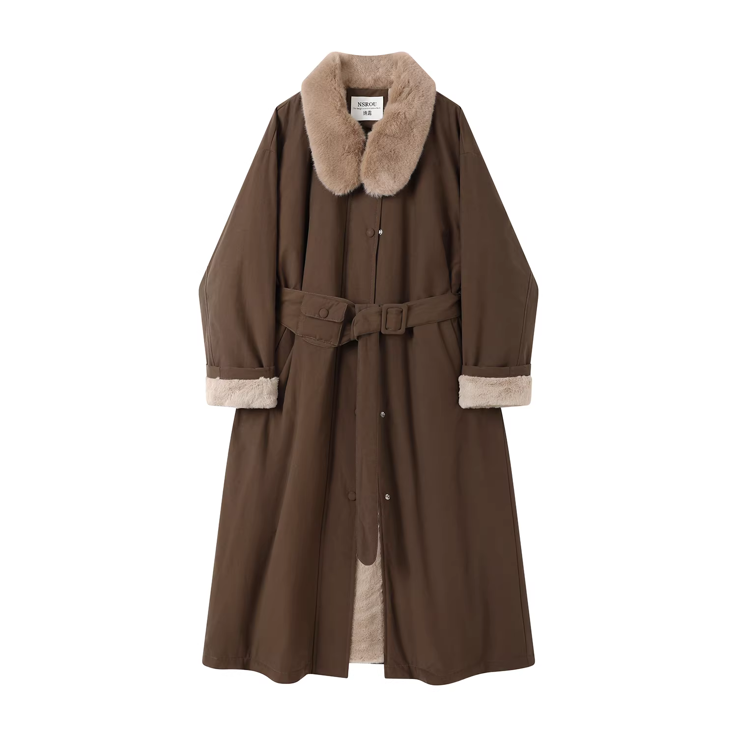 Áo khoác cotton dài trung bình cổ lông phong cách Anh cao cấp dành cho nữ, áo khoác mùa đông dày dặn giữ ấm có dây buộc eo