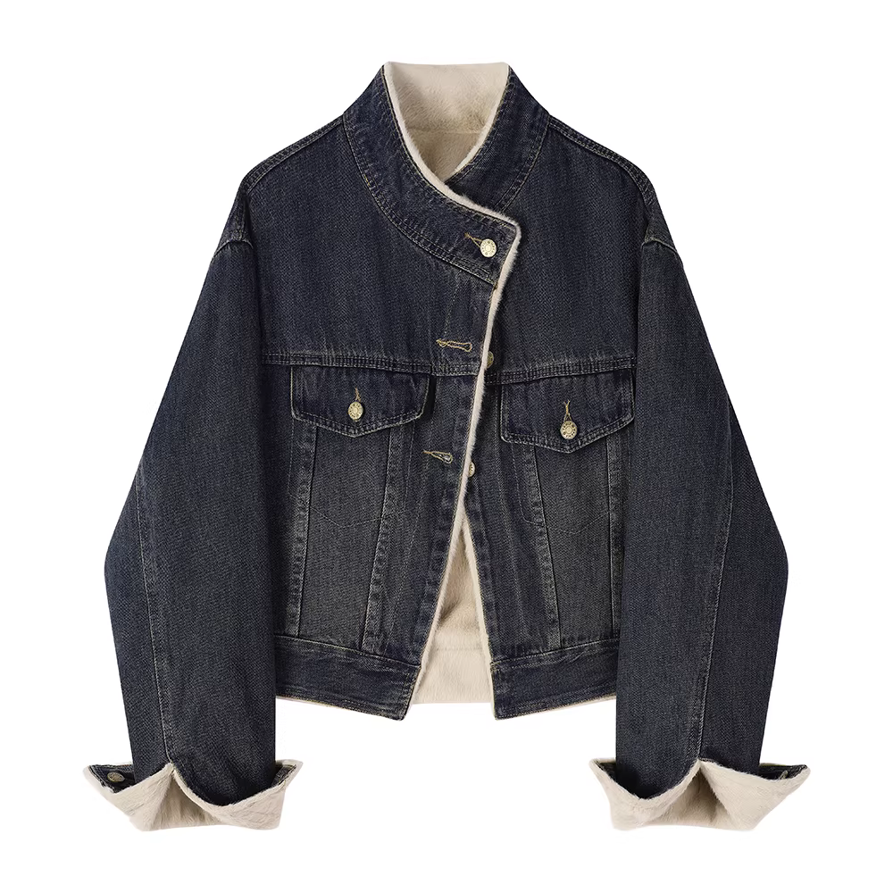 Áo khoác denim dày dặn cổ đứng chất liệu len cừu độc đáo dành cho nữ, thiết kế thu đông 2025 mới, kiểu áo khoác nhỏ nhắn