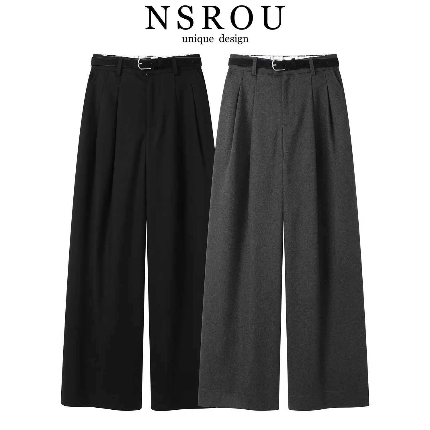 NSROU Quần len màu xám đa năng phong cách giản dị kiểu Hàn Quốc dành cho nữ, quần ống rộng dáng rộng phong cách lười biếng mùa thu