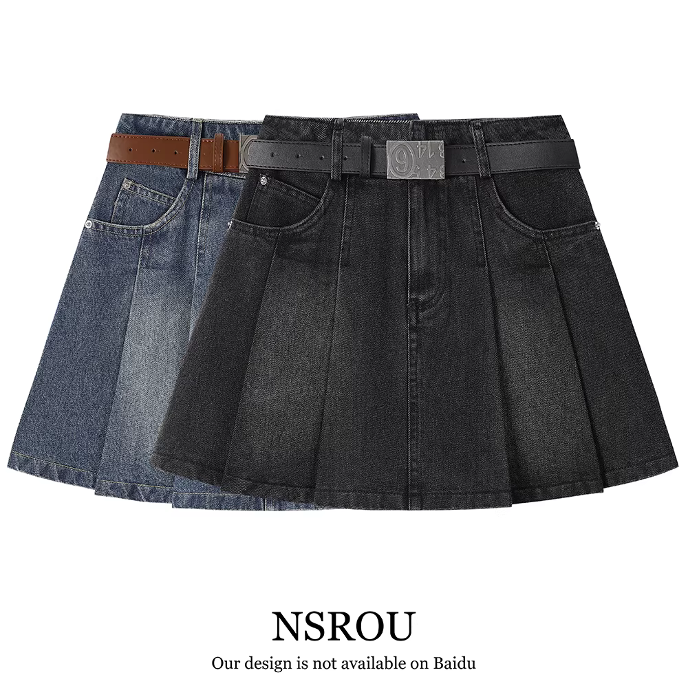 Váy denim xếp ly kiểu retro Mỹ dành cho nữ, mùa xuân thu, chống lộ, cạp cao, dáng chữ A ngắn tôn dáng, váy ôm sát.