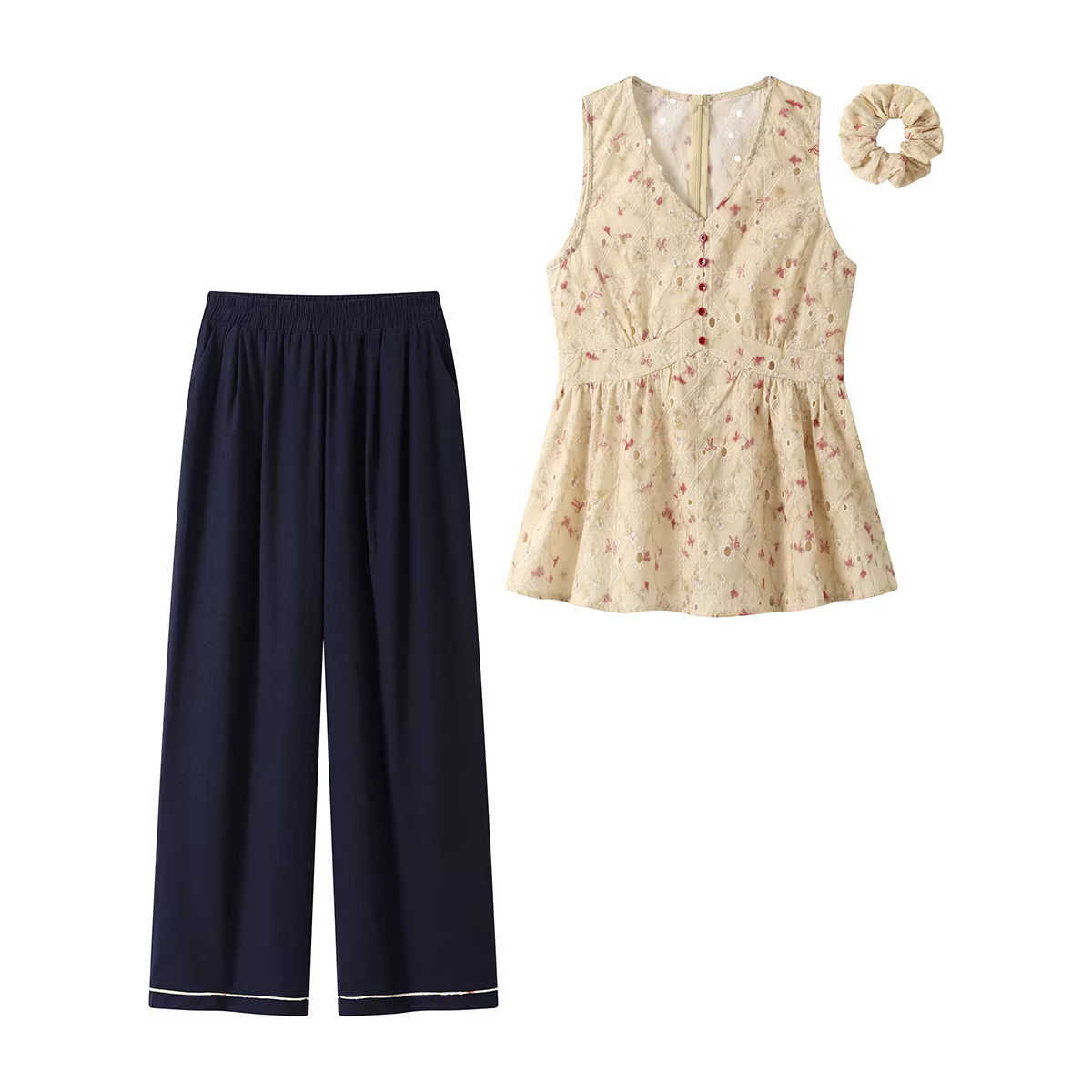 Bộ đồ hai mảnh kiểu Hàn Quốc cổ V trẻ trung, quần ống rộng, dành cho nữ, xu hướng hè 2025