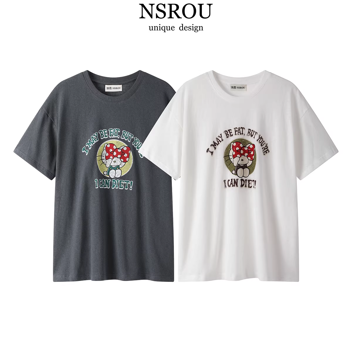 NSROU phong cách Hàn Quốc hợp thời trang trẻ trung giản dị in hình hoạt hình đa năng áo thun ngắn tay cổ tròn dành cho nữ mùa hè mới áo trễ vai thông thường