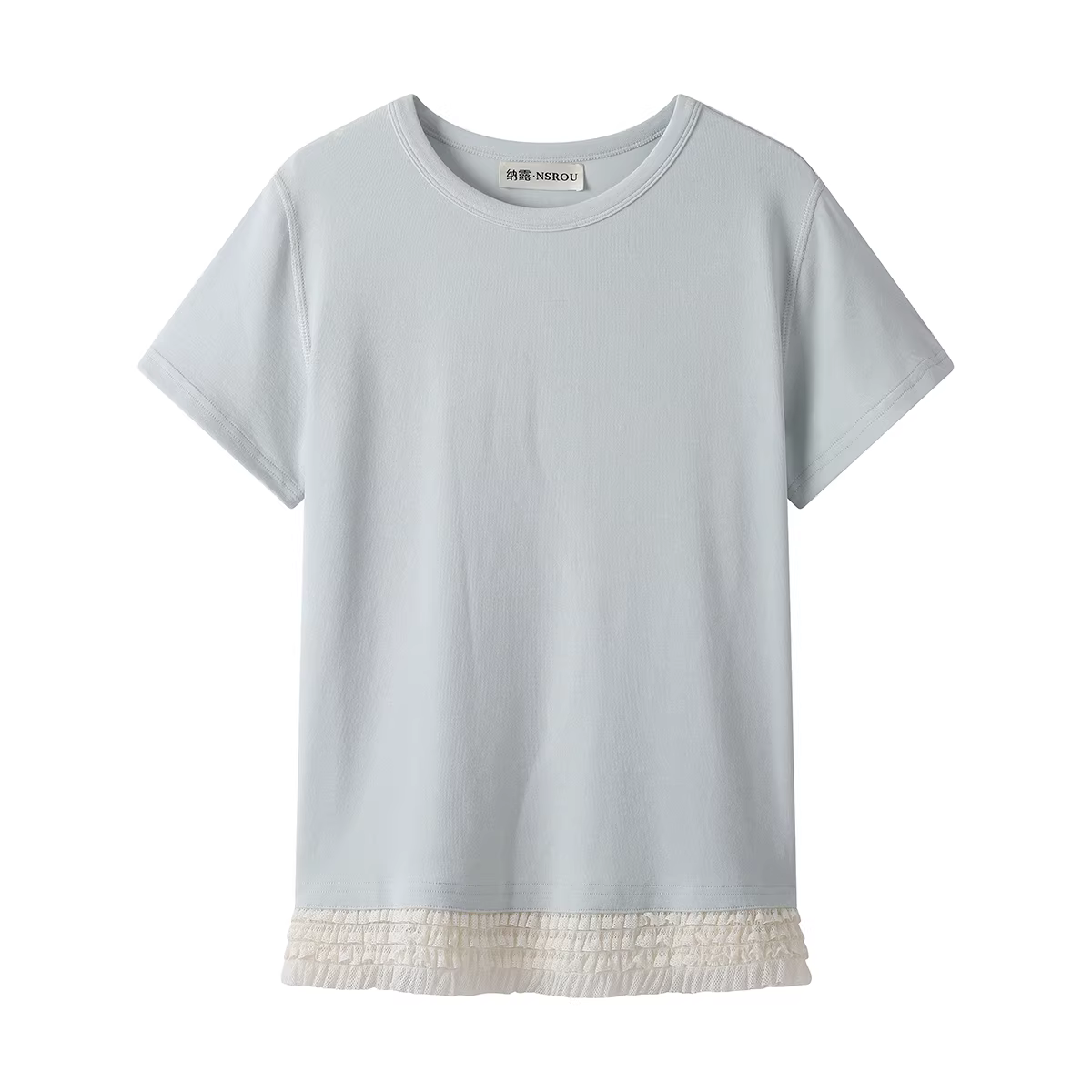 Áo thun nữ tay ngắn cổ tròn phối ren thiết kế giản dị mùa hè 2025