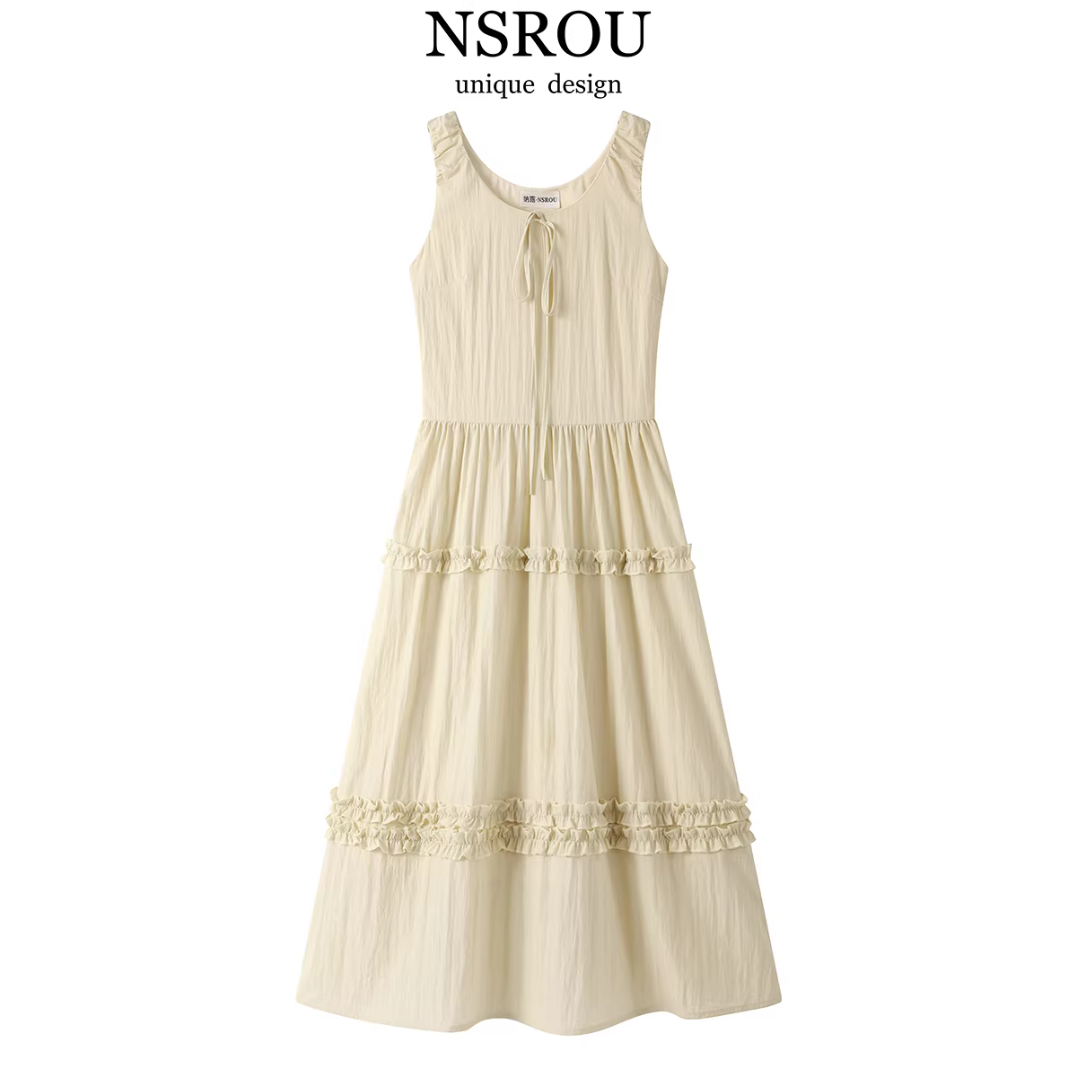 Đầm nữ kiểu Hàn Quốc thanh lịch và hợp thời trang, đầm dài không tay phối ren xếp tầng mùa hè.