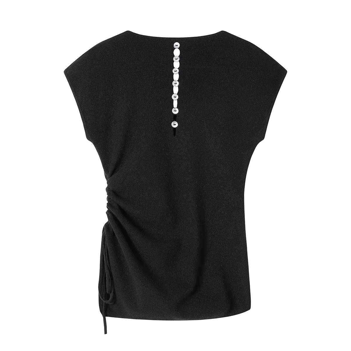 Áo dệt kim ngắn tay kiểu Pháp giản dị dành cho nữ, thiết kế xuân thu, ôm dáng, áo có dây rút xếp ly