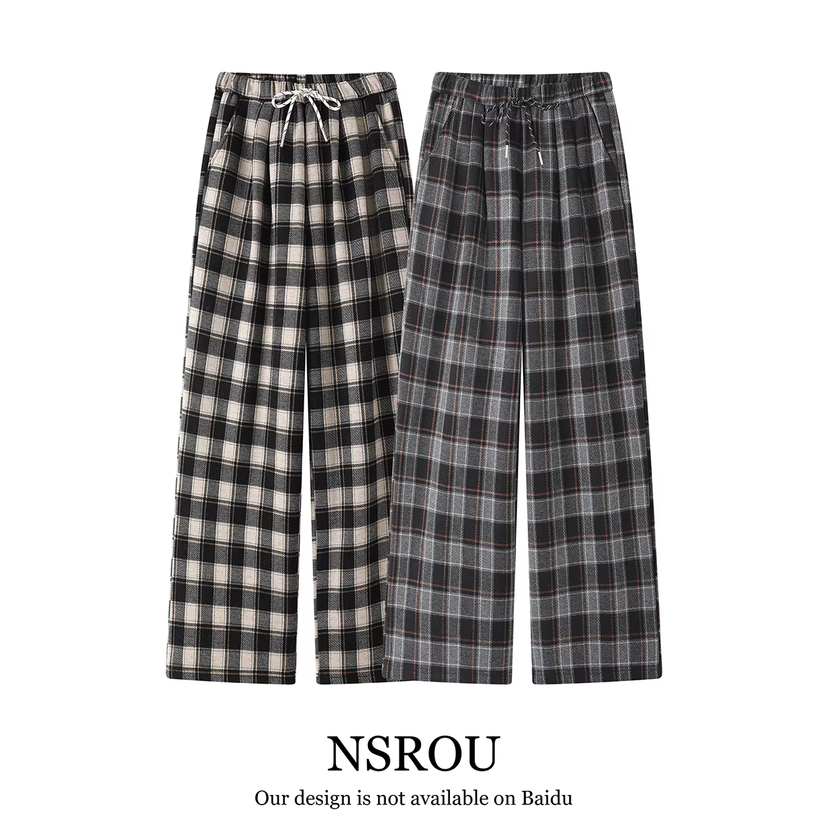 Quần ống rộng kẻ sọc màu mùa đông cao cấp dành cho nữ của NSROU, quần ống rộng dáng rộng, cạp cao, dáng suông, có lót lông cừu