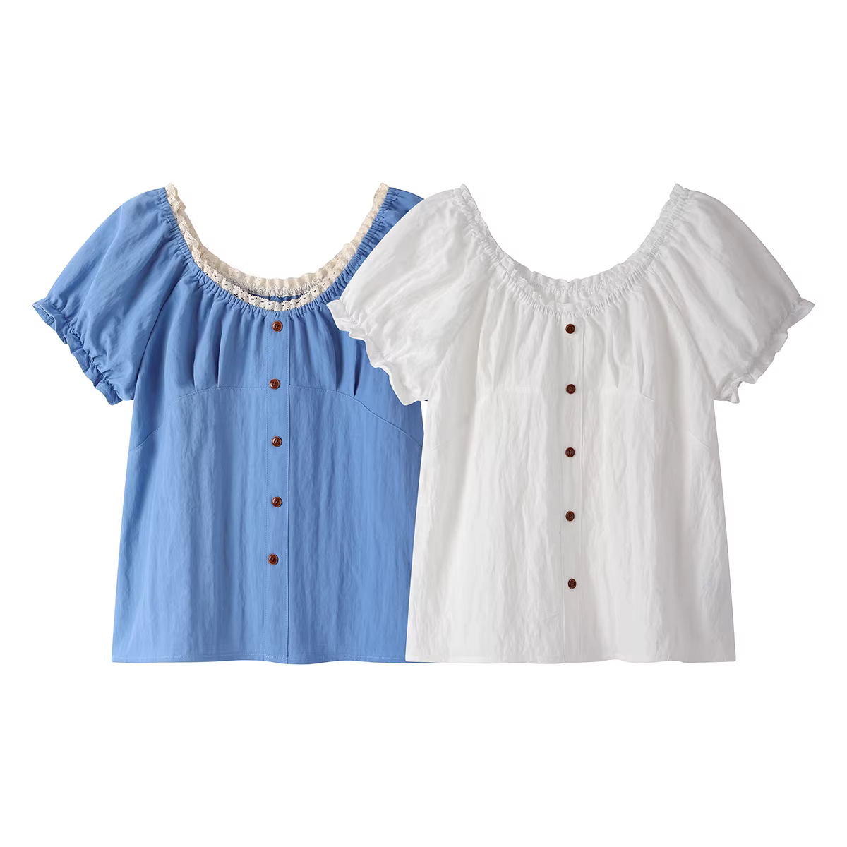 NSROU Áo kiểu Pháp có cổ ren ngọt ngào kiểu Pháp tay phồng dành cho nữ mùa hè mới áo ngắn tay thon gọn eo thon