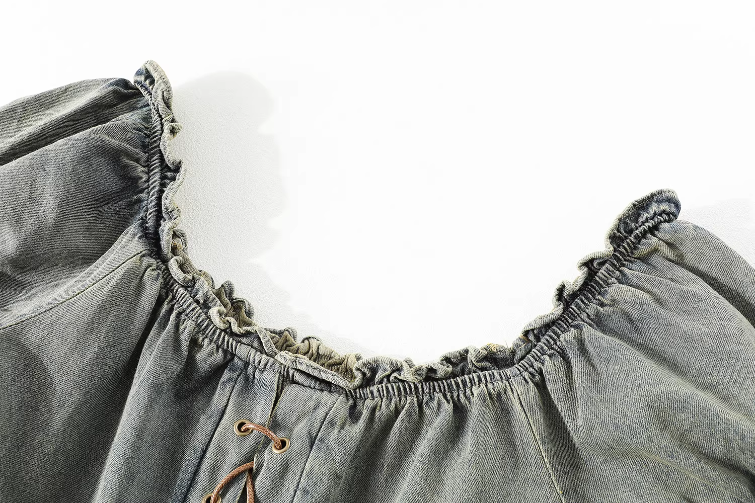 Áo thun denim tay phồng dáng ôm thanh lịch phong cách mới mùa hè dành cho nữ thiết kế cổ điển kiểu Pháp có dây buộc