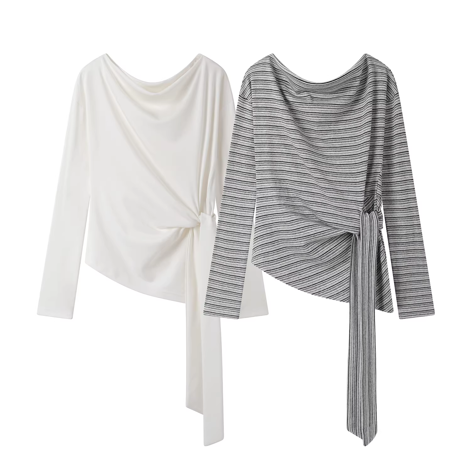 Áo thun dài tay dáng ôm kiểu Pháp, dây đeo vai lệch, thiết kế đầu thu, chất liệu dệt kim dành cho nữ