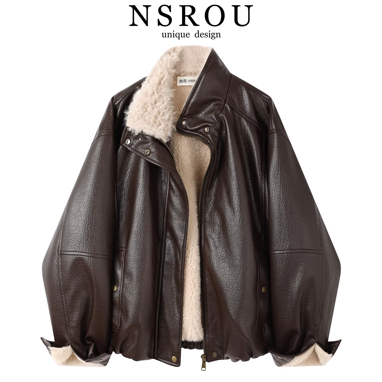 Áo khoác da ngắn lót lông cừu màu cà phê Melard cổ điển mới được ưa chuộng năm nay dành cho nữ, áo khoác đi xe đạp mùa đông.