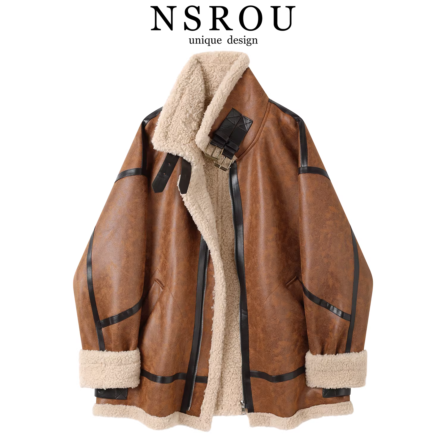 Áo khoác da lộn dài vừa phải theo phong cách cổ điển của Mỹ dành cho nữ, áo khoác bay xe máy dày dặn và lót lông cừu mùa đông