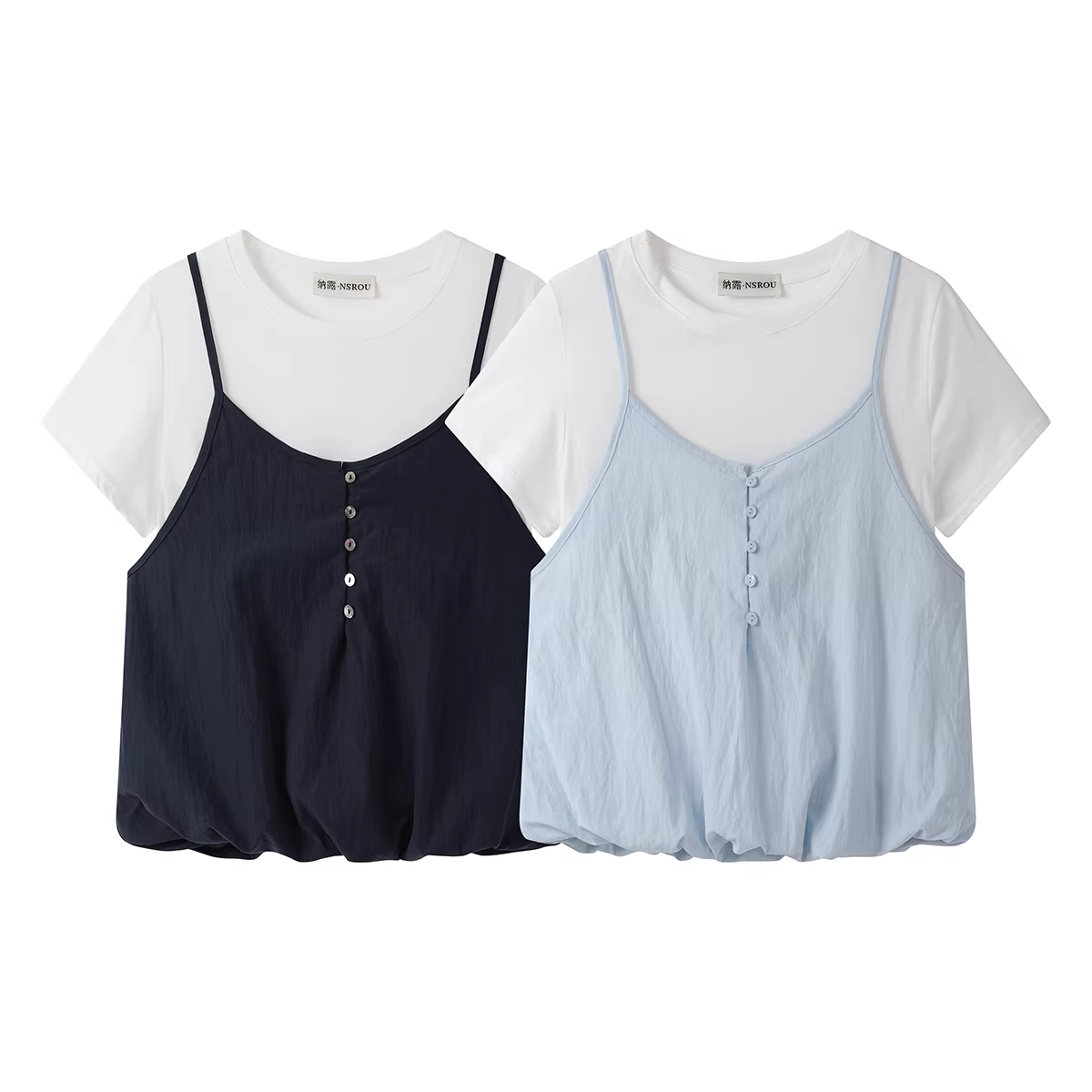 Áo thun nữ ngắn tay giả hai mảnh phong cách Pháp, kiểu dáng mới lạ, thiết kế độc đáo, trẻ trung, mùa hè