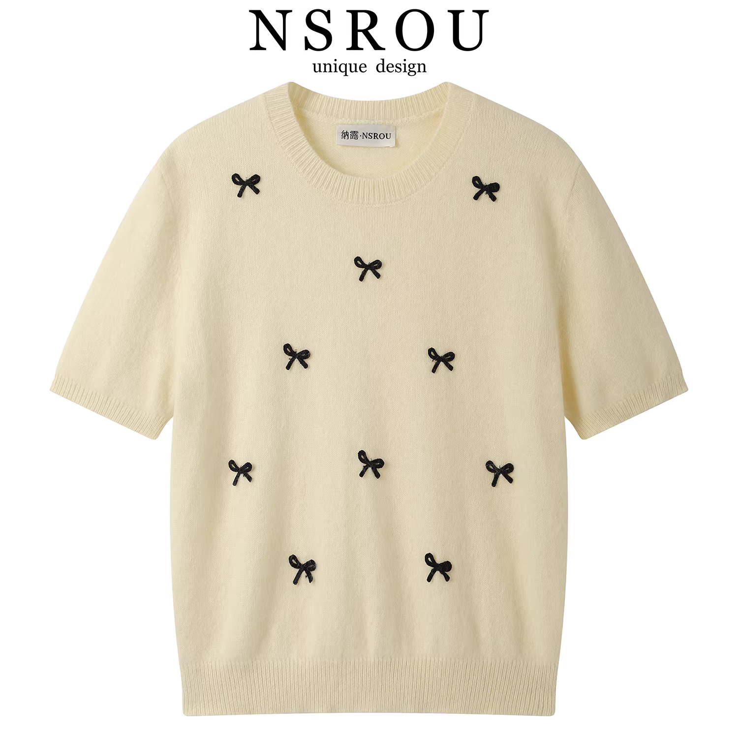 Áo len cashmere ngắn tay kiểu thắt nơ mới dành cho nữ, phong cách mùa thu, áo len dệt kim ngắn giảm tuổi tác