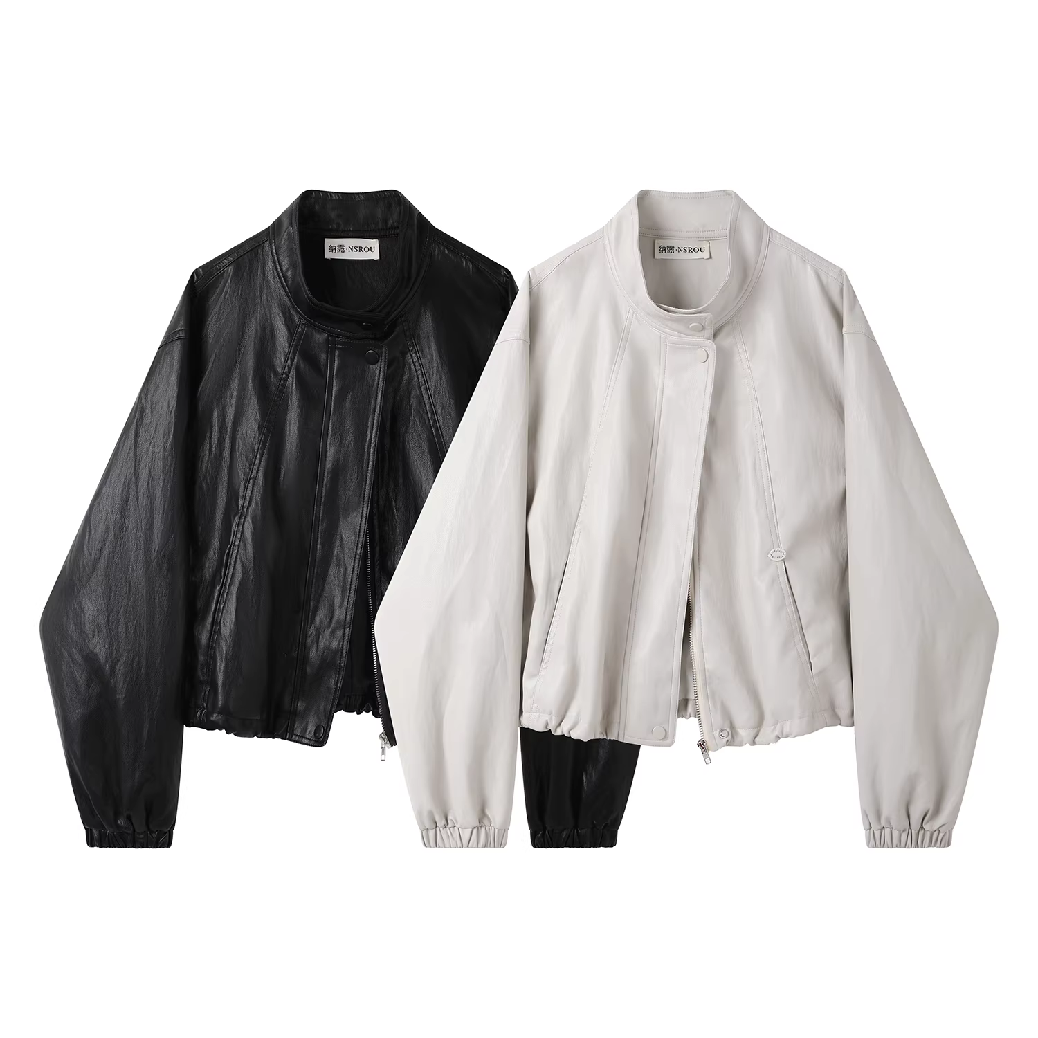 Áo khoác da cổ đứng màu mơ thanh lịch kiểu Hàn Quốc dành cho nữ, áo khoác biker ngắn mới cho đầu thu, cỡ nhỏ.