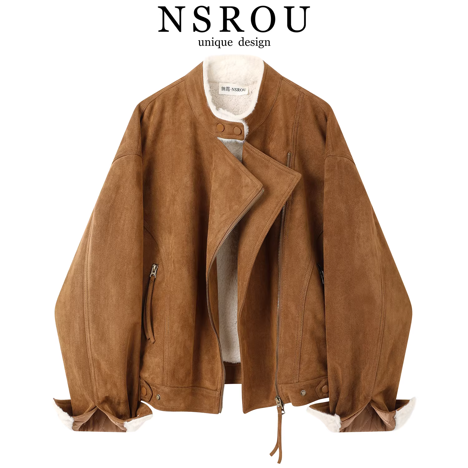 Áo khoác da lộn màu nâu lót lông phong cách retro Mỹ dành cho nữ, mùa đông mới, kiểu áo khoác biker cổ tròn nhỏ nhắn.