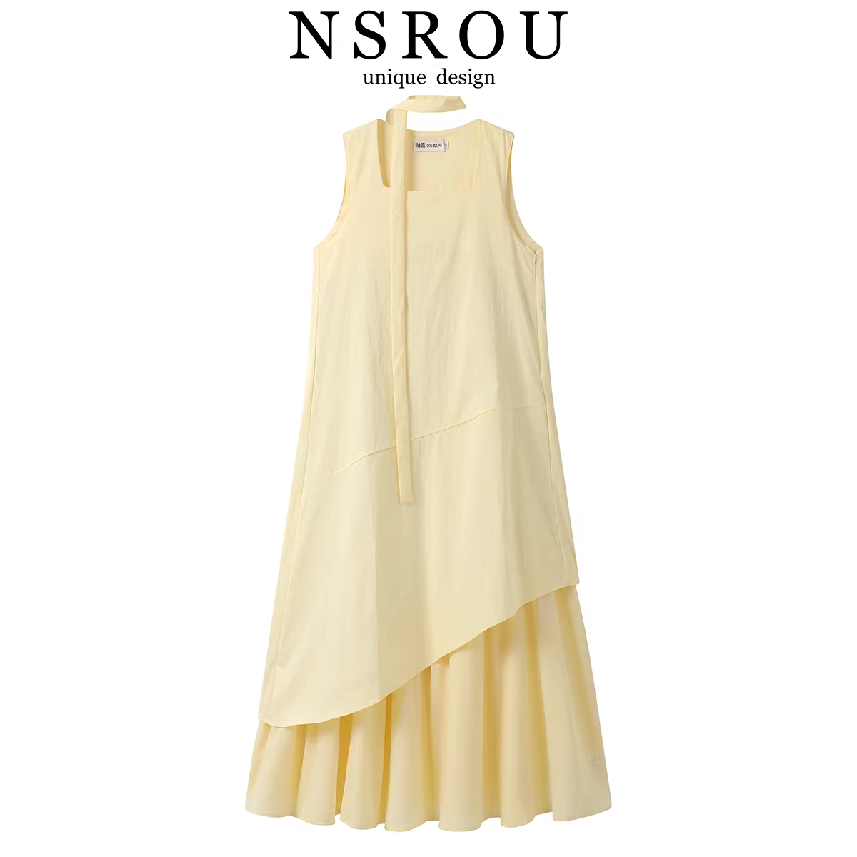 Váy vest không tay hai mảnh giả màu vàng không đều cho nữ, phong cách mùa hè mới, váy dài kiểu dáng giản dị, đẹp và dịu dàng