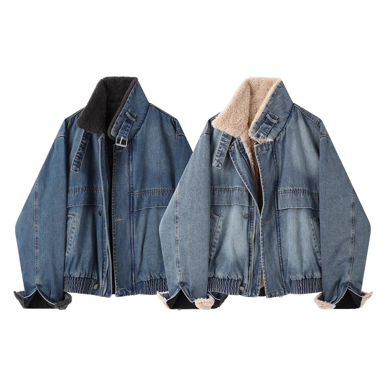 Áo khoác denim cotton kiểu biker ngắn, chất liệu len cừu retro phong cách Hồng Kông dành cho nữ, dày dặn mùa đông, lót lông cừu, đa năng.