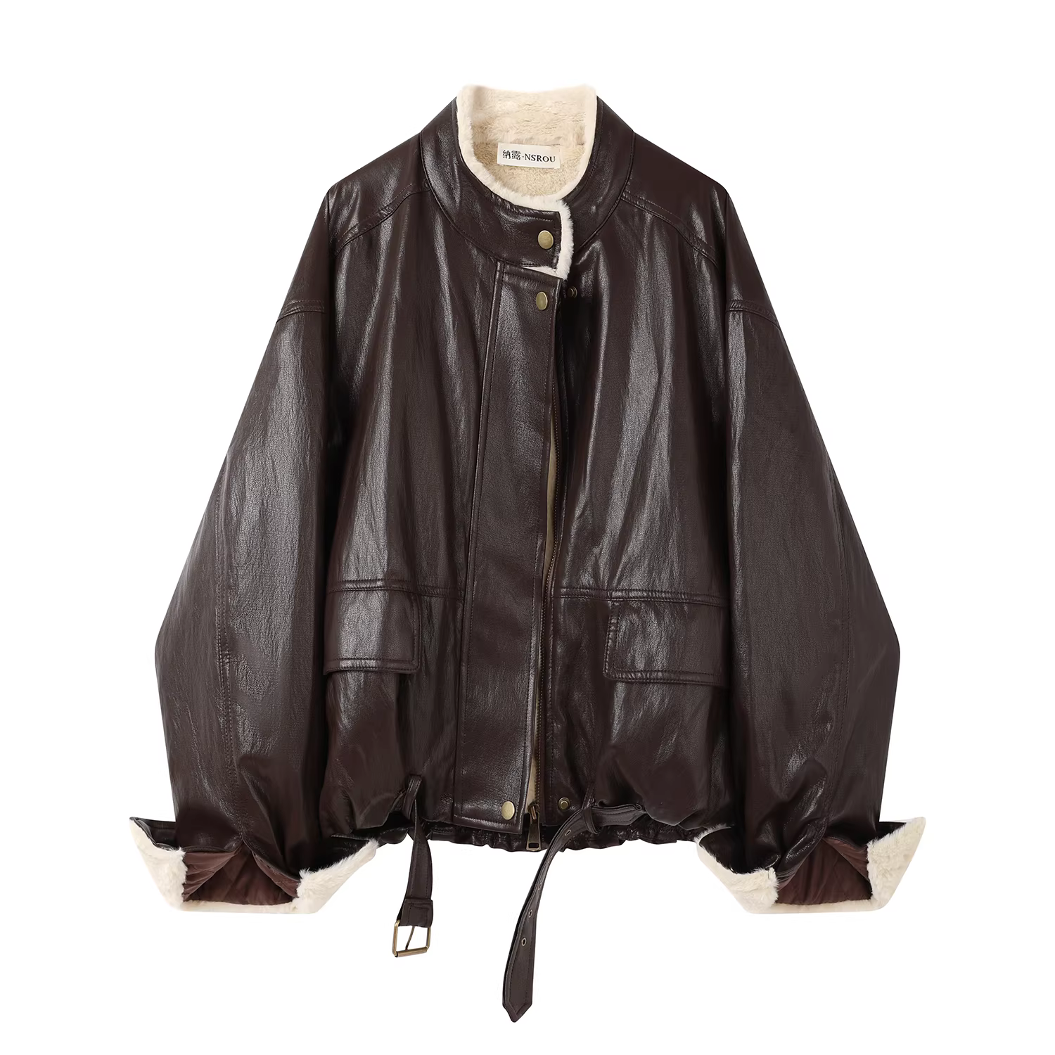 Áo khoác da protein lót lông cừu Melard phong cách cổ điển màu cà phê dành cho nữ, áo khoác đi xe máy mùa đông mới