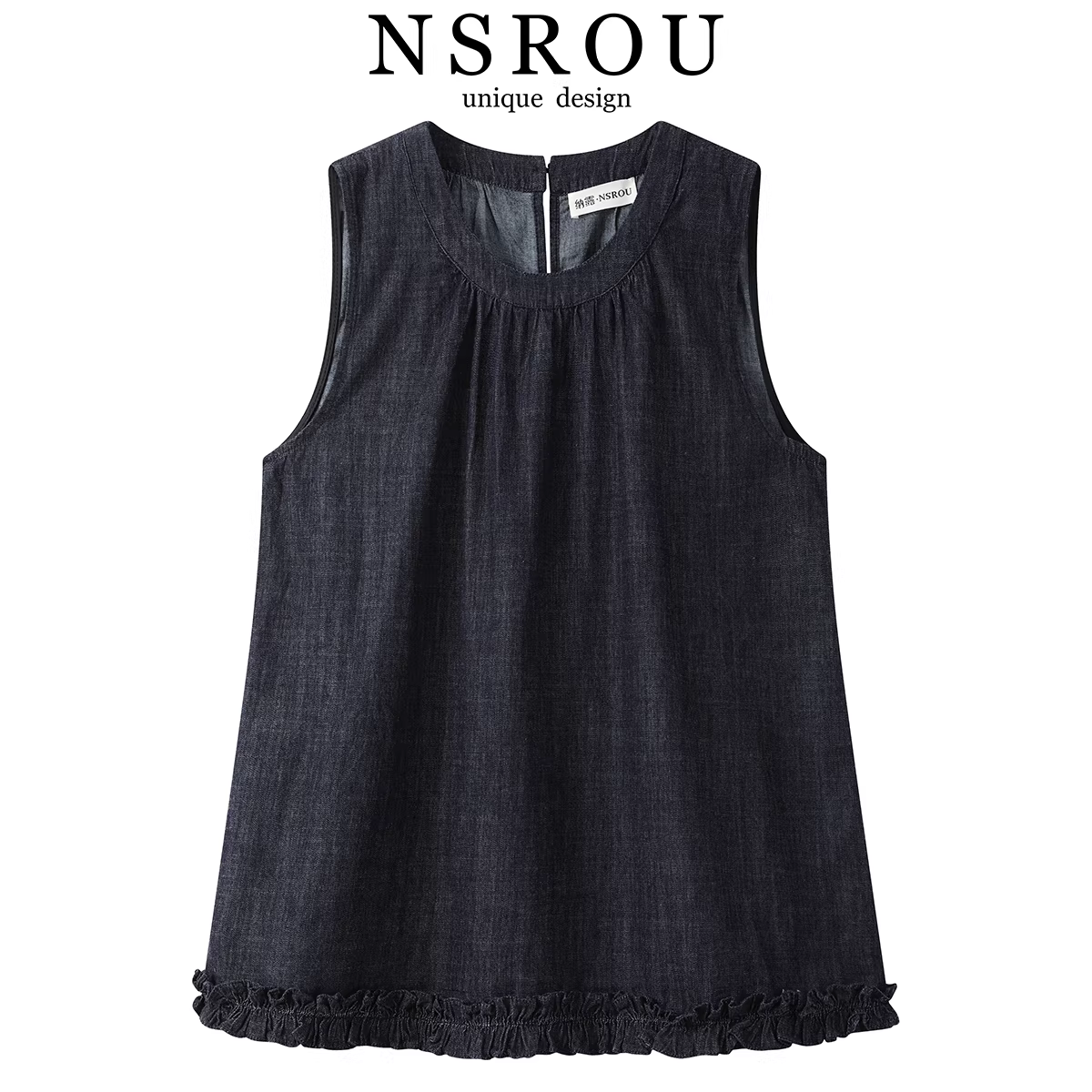 Áo sơ mi denim không tay có ren xếp nếp kiểu Pháp dành cho nữ, thiết kế mùa hè mới, áo ba lỗ độc đáo.