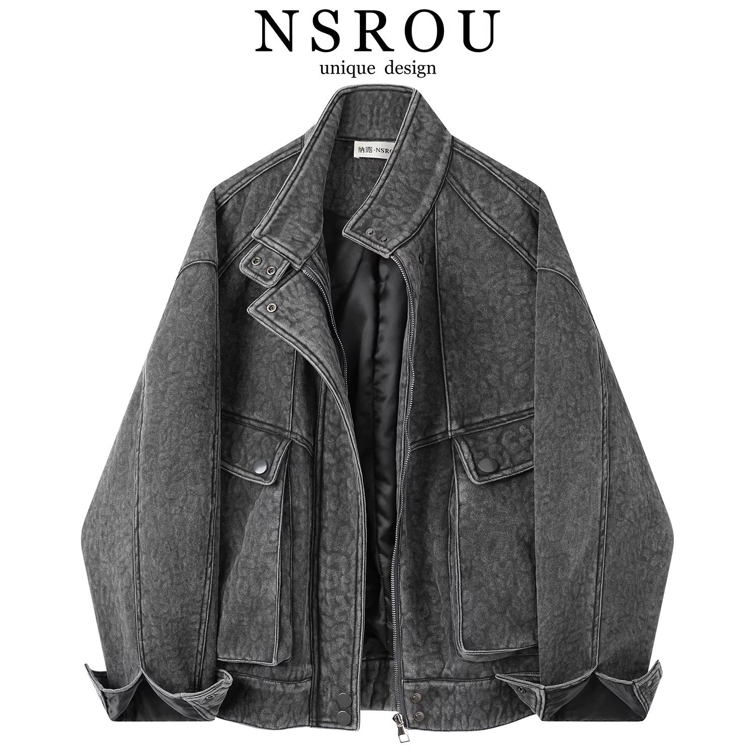 Áo khoác da ngắn màu xám cổ điển kiểu Mỹ dành cho nữ, mùa thu đông, dáng rộng, đa năng, cổ đứng, kiểu áo khoác phi công, áo khoác biker