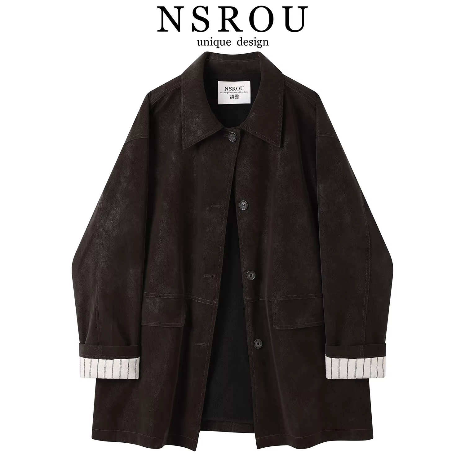 Áo khoác da màu nâu lót lông cừu kiểu retro Maillard dành cho nữ, mùa thu đông kiểu Mỹ, dáng dài trung bình, cổ trụ, rộng rãi, thanh lịch