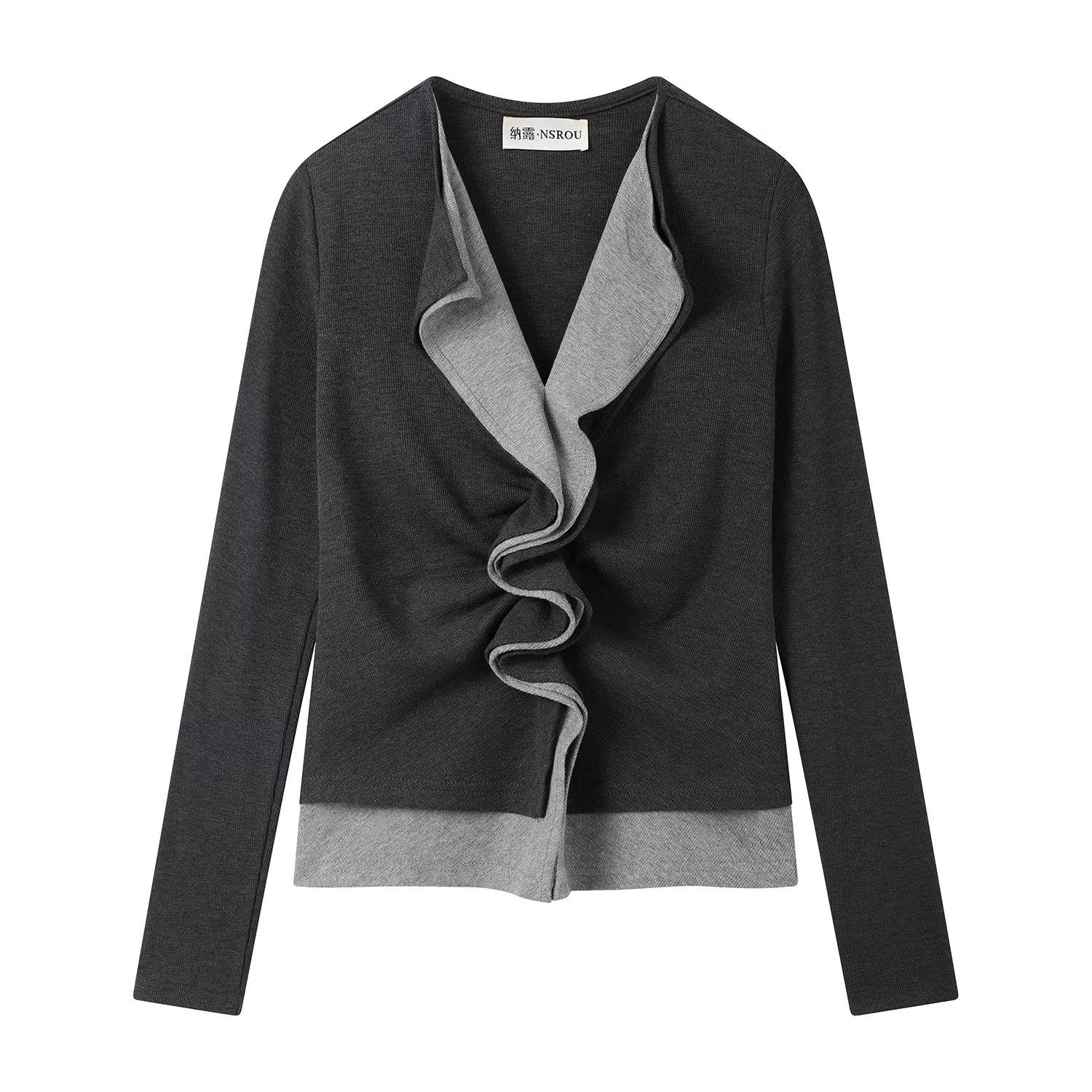 Áo len nữ phối màu tương phản, kiểu xếp ly giả hai lớp, dáng ôm tôn dáng, cổ V, mùa thu đông.