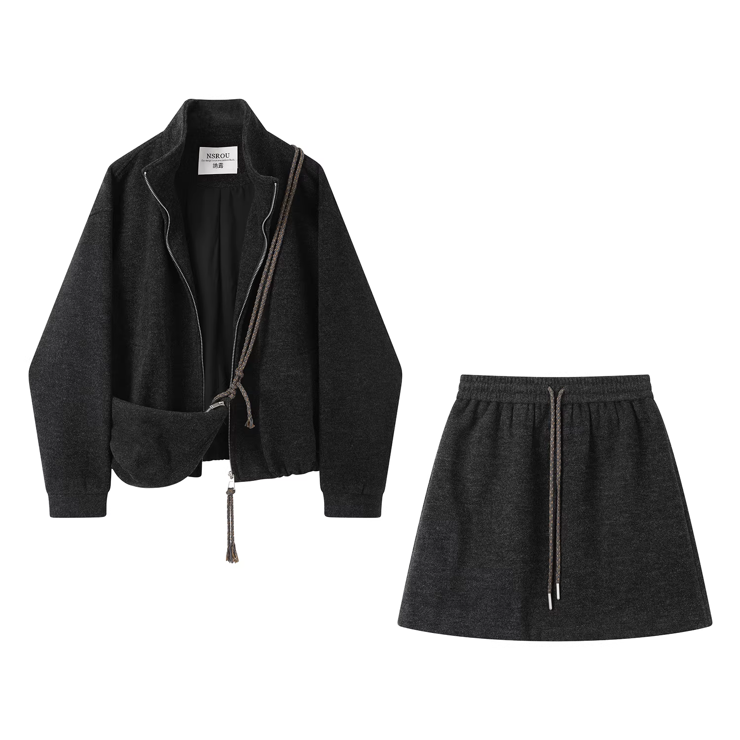 Bộ đồ hai mảnh áo và váy có lót lông cừu, thời trang, trẻ trung, thể thao, giản dị, tôn dáng, ấm áp dành cho nữ, phong cách mùa đông mới.